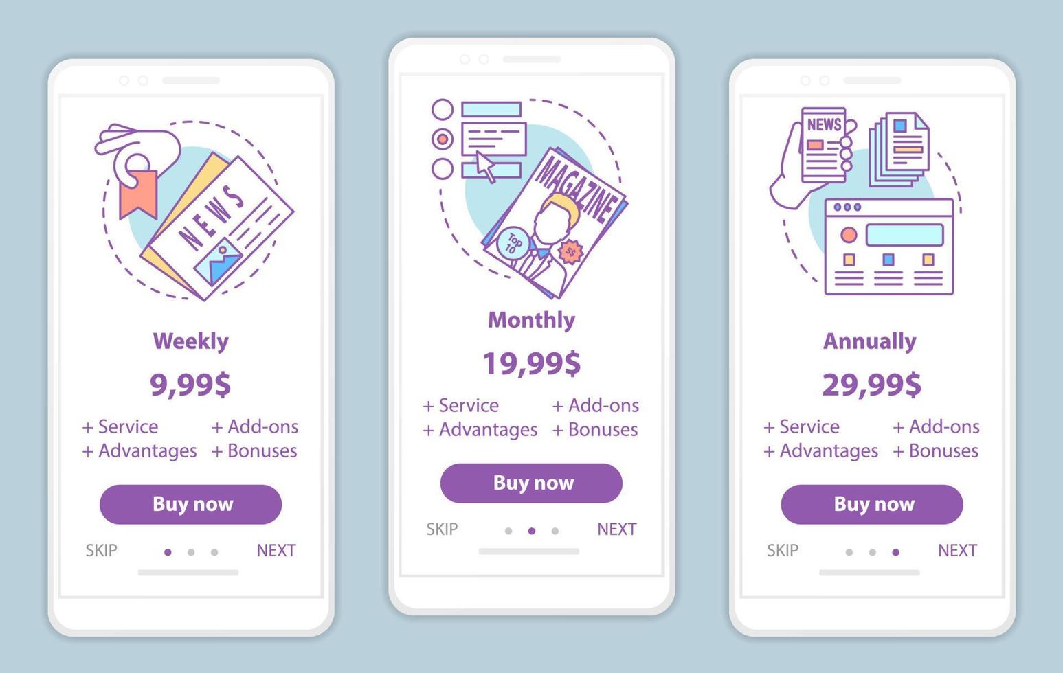 tidning, tidningsprenumeration onboarding mobilappskärmar med servicepriser. mallar för periodiska publikationer genomgång av webbplatssidor. tariffplaner steg. webbsidelayout för smartphone betalning vektor