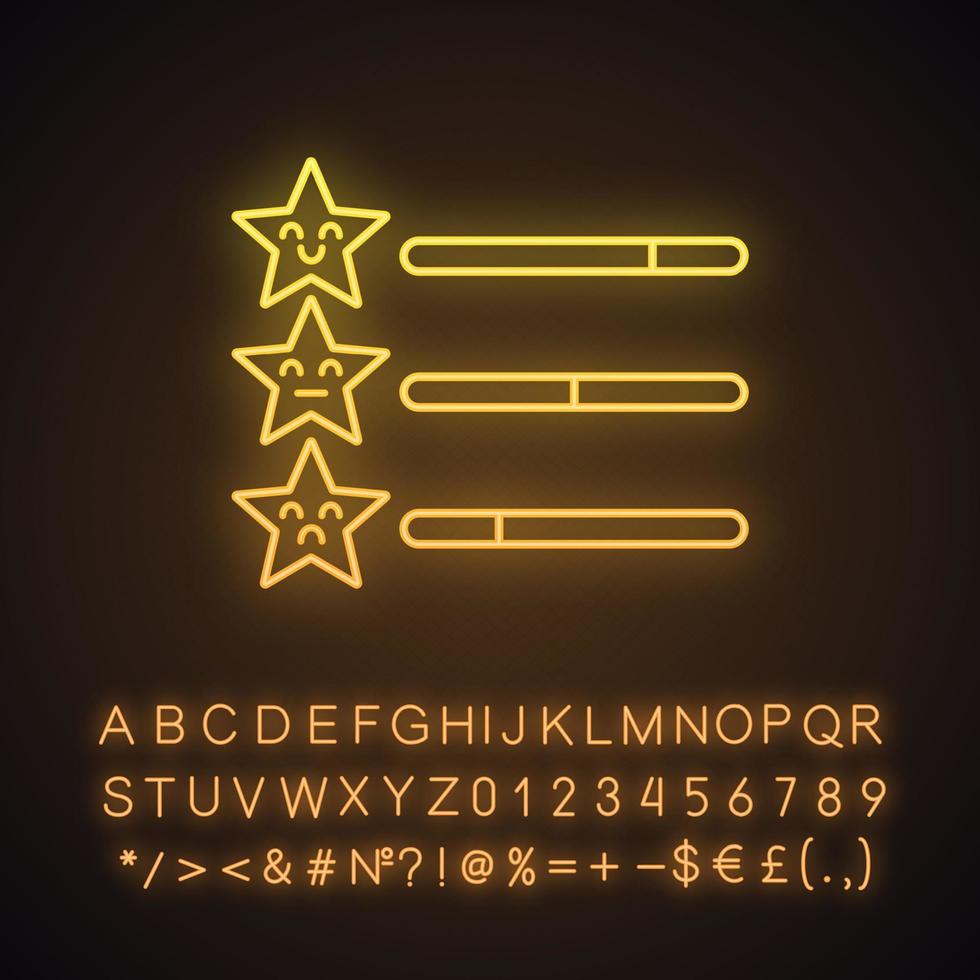 Symbol für Neonlicht auf der Bewertungsskala. Kundenfeedback und Bewertung. Service-Zufriedenheitsgrad. Rangfolge. leuchtendes zeichen mit alphabet, zahlen und symbolen. vektor isolierte illustration