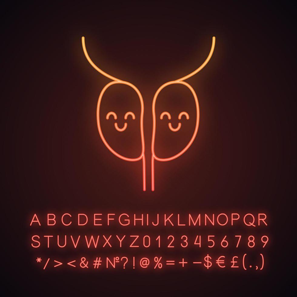 Symbol für Neonlicht der lächelnden Prostata. Männer Gesundheit. Gesundheit des männlichen Fortpflanzungssystems. leuchtendes zeichen mit alphabet, zahlen und symbolen. vektor isolierte illustration