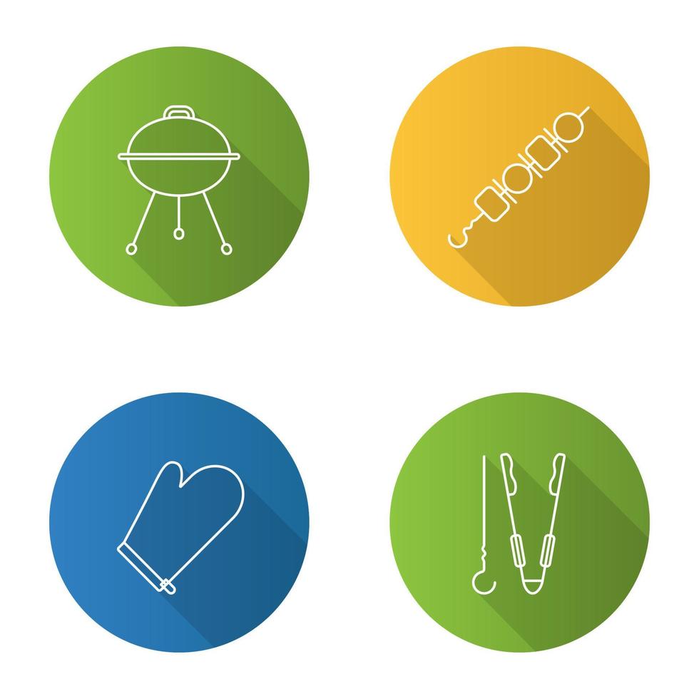 grill platt linjär lång skugga ikoner set. bbq. vattenkokare, shish kebab, ugnsvante, tång och spett. vektor kontur illustration