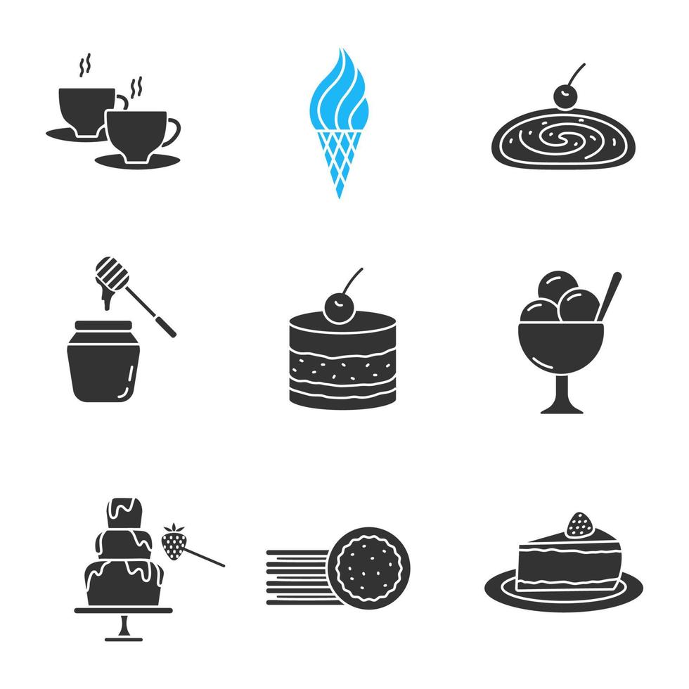 Süßwaren-Glyphen-Symbole gesetzt. Silhouettensymbole. Heißgetränk, Eis, Strudel, Honigglas, Tiramisu, Schokoladenbrunnen, Sandwichkekse, Käsekuchen. vektor isolierte illustration