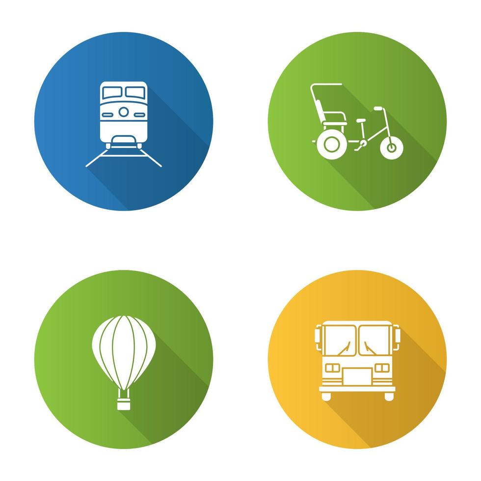 kollektivtrafik platt design lång skugga glyph ikoner set. transportmedel. tåg, cykelrickshaw, luftballong, buss. vektor siluett illustration
