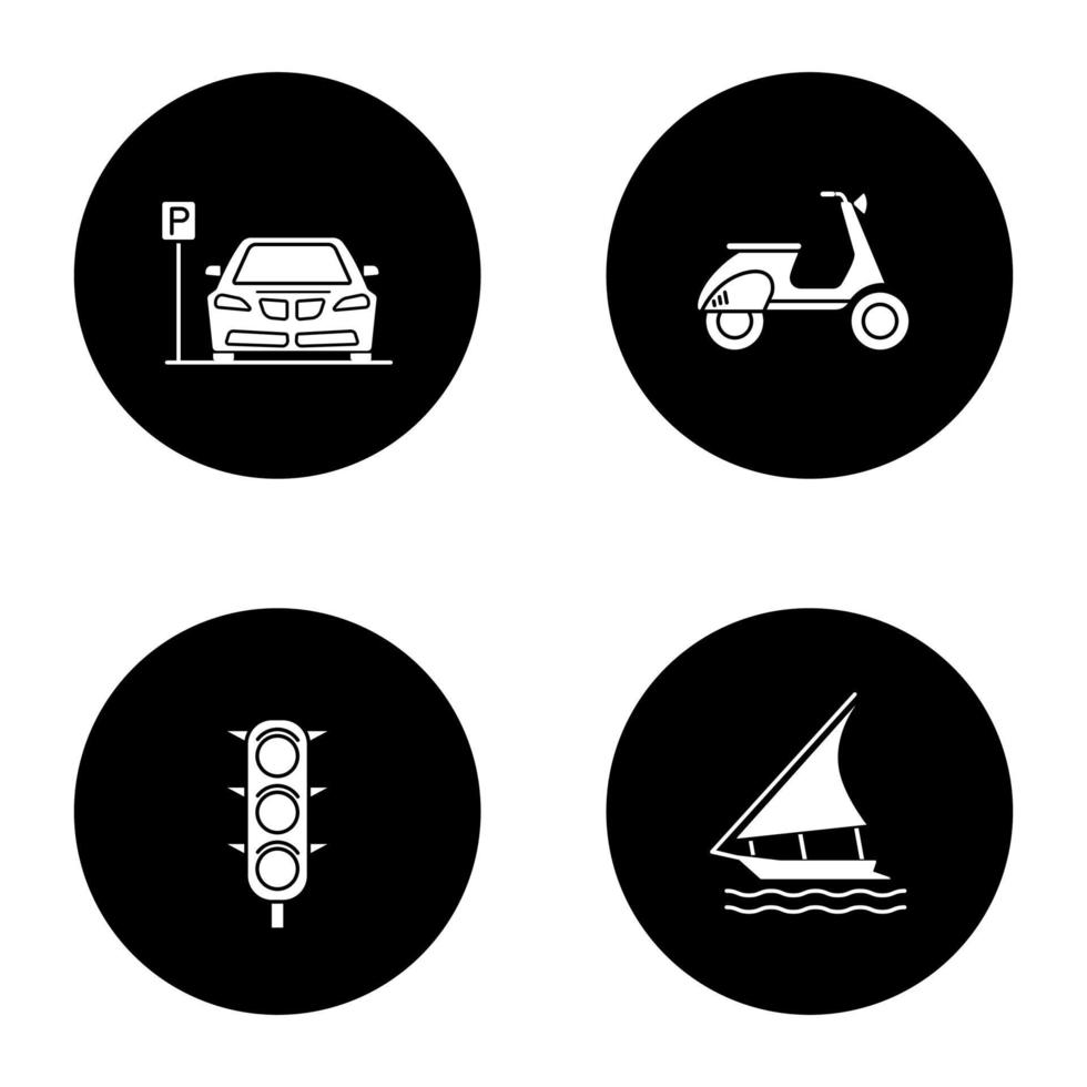 Glyphensymbole für öffentliche Verkehrsmittel gesetzt. Transportmittel. Parkzone, Roller, Ampel, Segelboot. Vektor weiße Silhouetten Illustrationen in schwarzen Kreisen