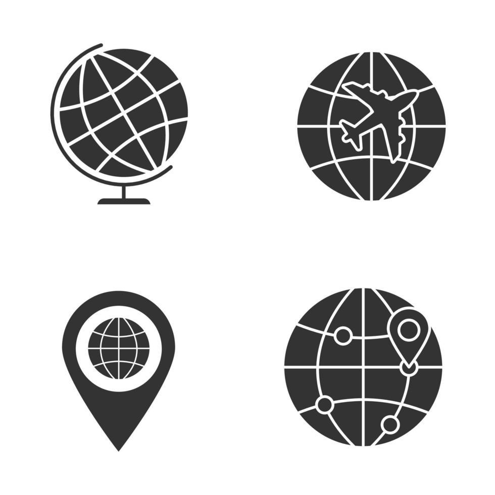 weltweite Glyphensymbole gesetzt. Weltkugel, internationaler Flug, Punkt mit Erde, globale Kartenroute. Silhouettensymbole. vektor isolierte illustration