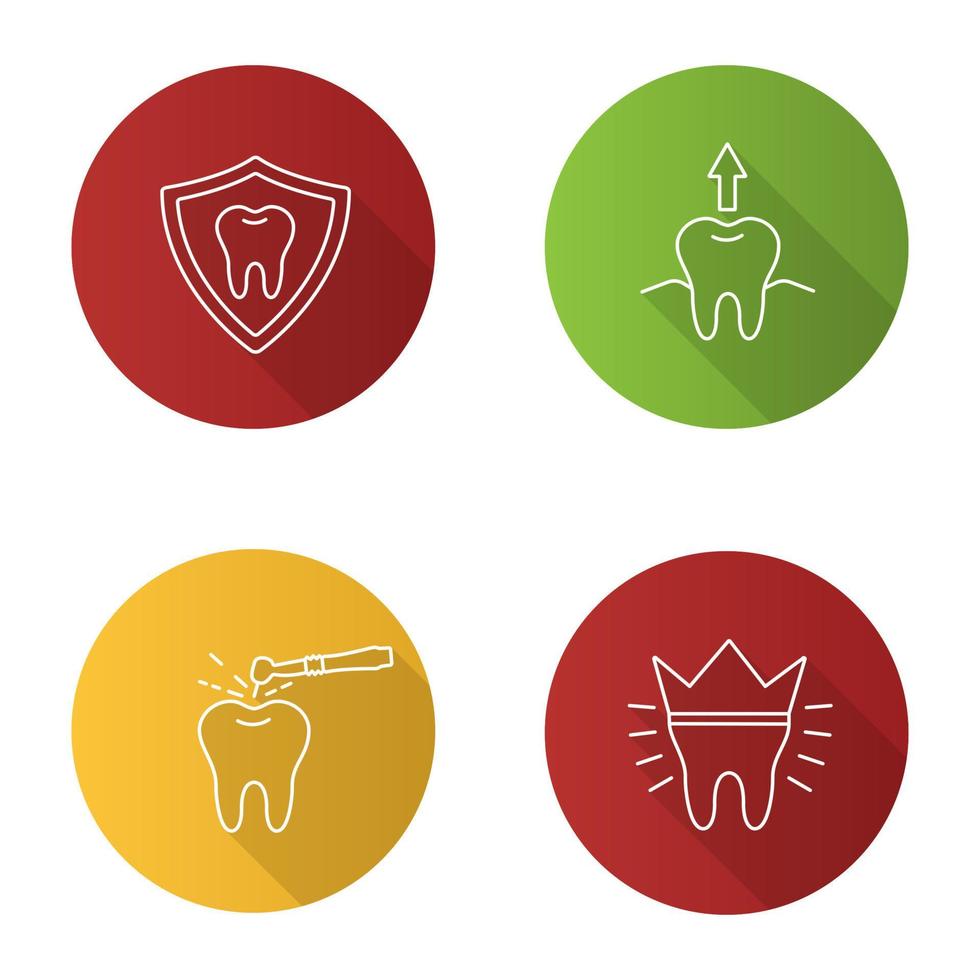 Zahnmedizin flache lineare lange Schattensymbole gesetzt. Stomatologie. Zahnschutz, Zahnextraktion, stomatologischer Bohrer, Zahnkrone. Vektor-Umriss-Illustration vektor