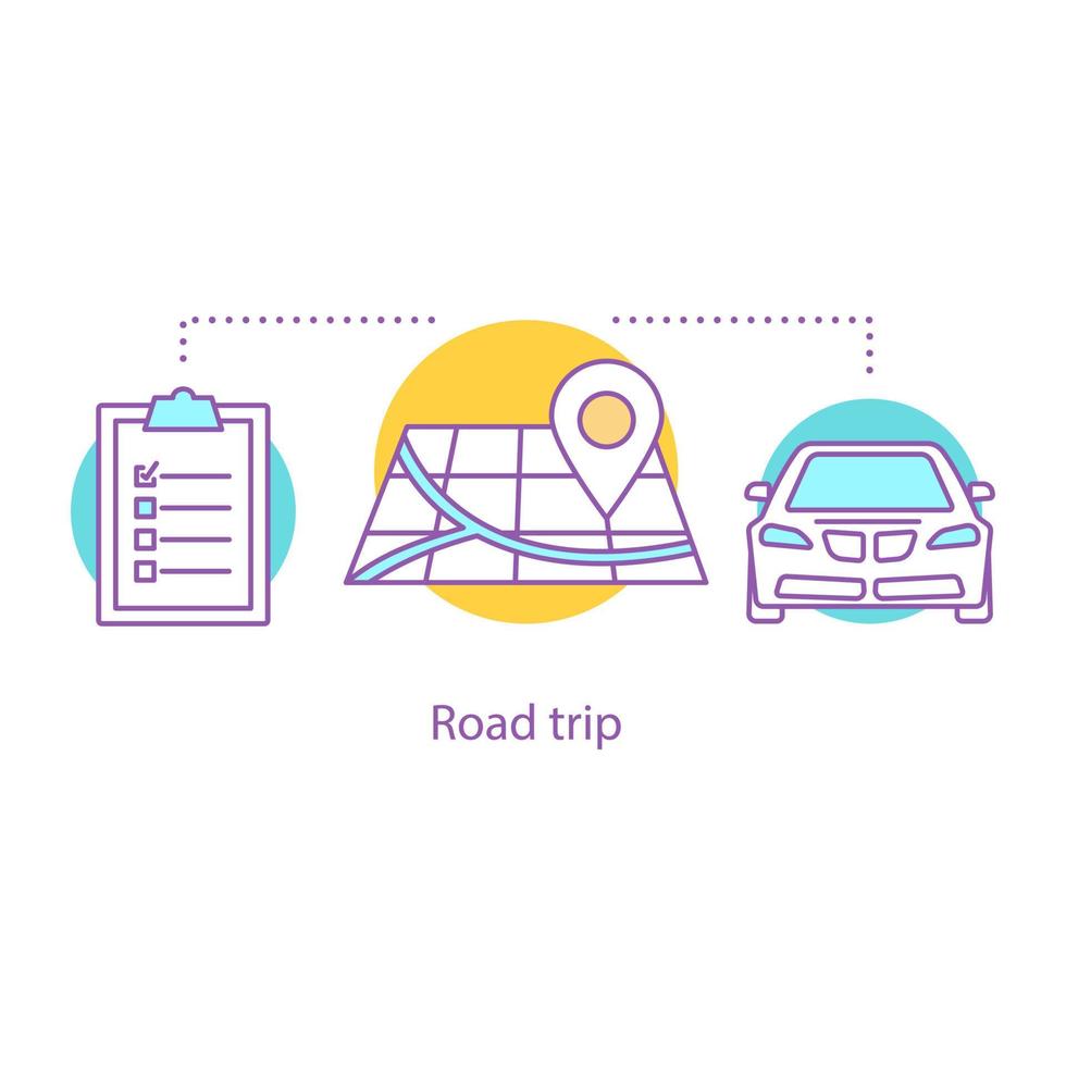 Symbol für das Tourismuskonzept. reisen mit dem auto idee dünne linie illustration. Ausflug. Urlaub. Vektor isoliert Umrisszeichnung