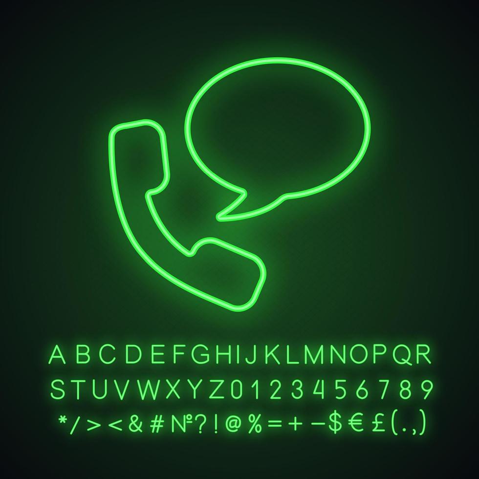Mobilteil mit Sprechblasen-Neonlicht-Symbol. Hotline. telefonische Unterstützung. Sprachnachricht. leuchtendes zeichen mit alphabet, zahlen und symbolen. vektor isolierte illustration