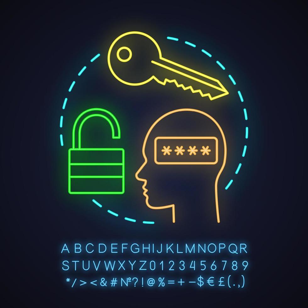 Symbol für das Neonlicht-Konzept des Benutzerkontos. Login-Idee. Genehmigung. leuchtendes zeichen mit alphabet, zahlen und symbolen. vektor isolierte illustration