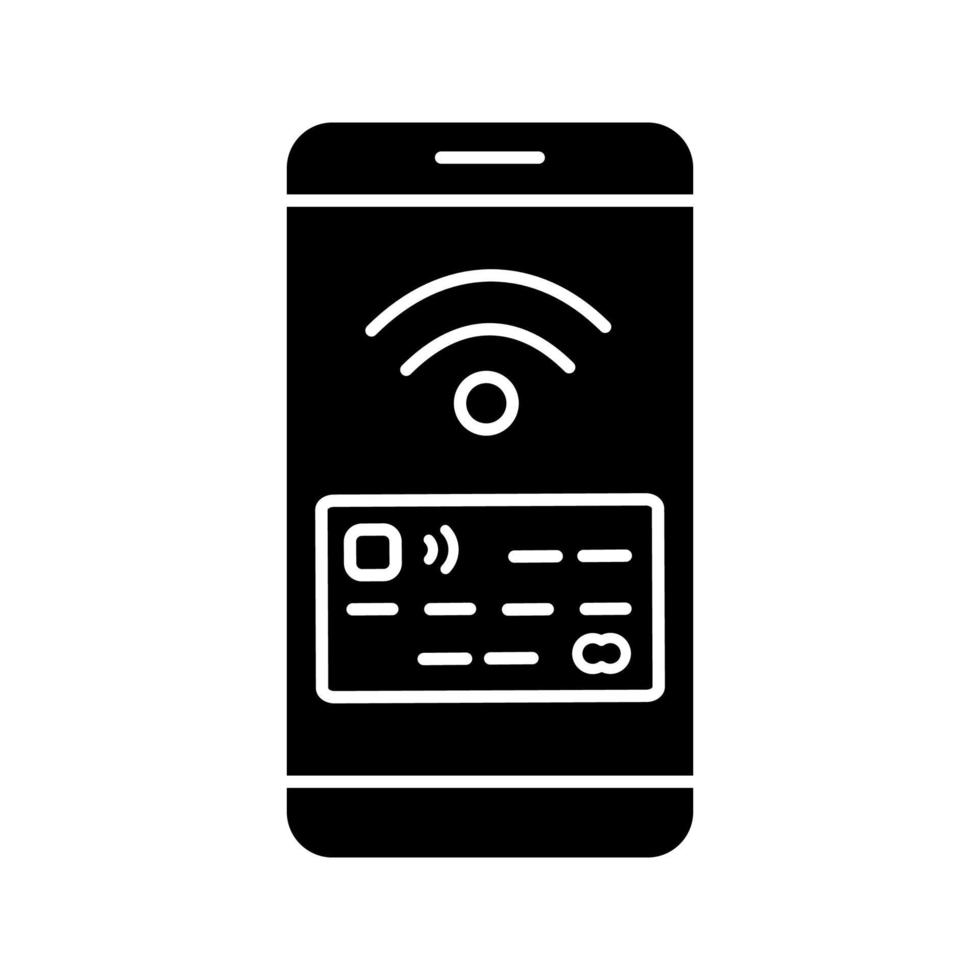 nfc smartphone signal glyph ikon. nfc telefon. siluett symbol. mobiltelefon kontaktlös betalning. telefonskärm med kreditkort. negativt utrymme. vektor isolerade illustration