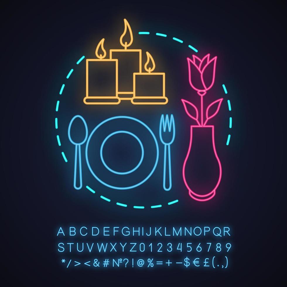 Café oder Restaurant Datum Neonlicht Konzept Symbol. romantische abendessen idee. besonderen Anlass. leuchtendes zeichen mit alphabet, zahlen und symbolen. vektor isolierte illustration