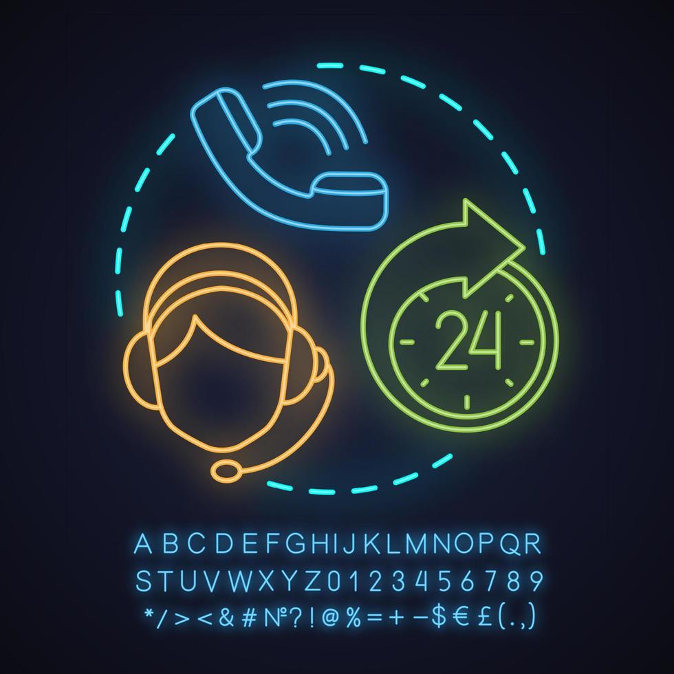 Call-Center-Neonlicht-Konzept-Symbol. Hotline Idee. telefonischer Support-Service. leuchtendes Schild mit Alphabet, Zahlen und Symbolen. isolierte Vektorgrafik vektor