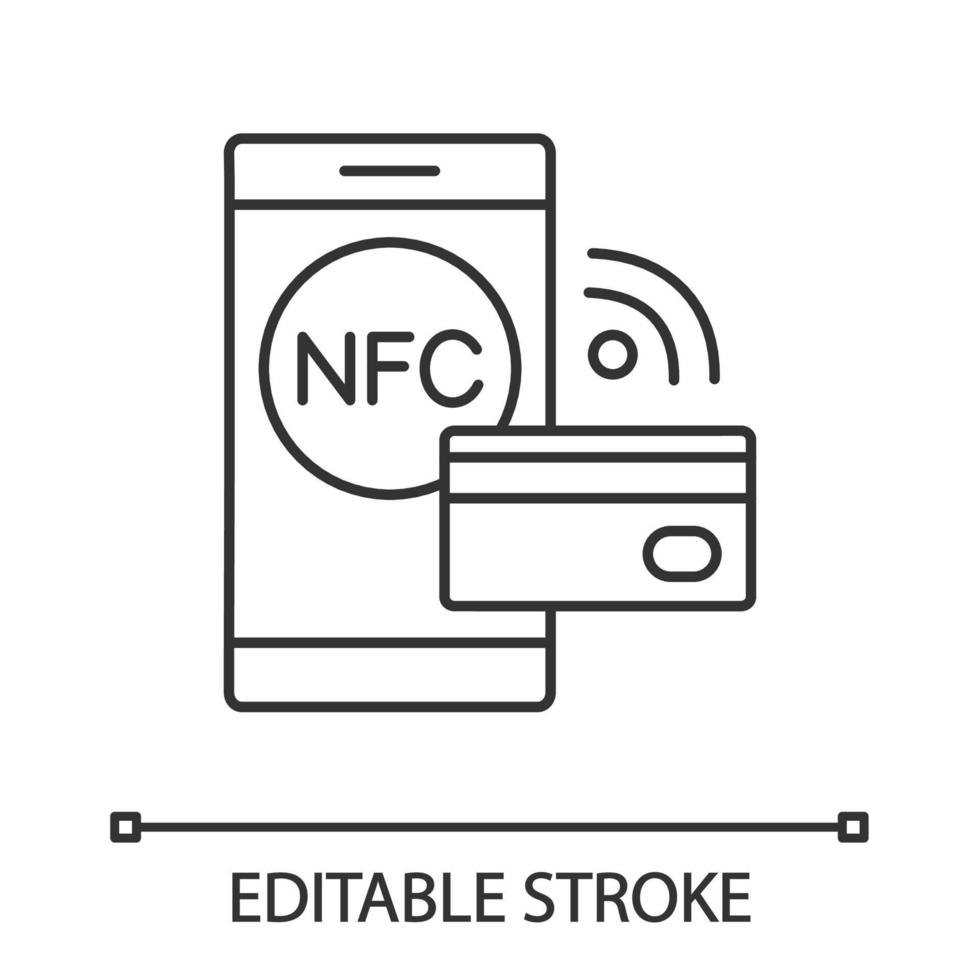 Lineares Symbol für NFC-Technologie. Near Field Communication. dünne Liniendarstellung. kontaktlose Zahlung. bargeldlose Smartphone-Zahlung. Kontursymbol. Vektor isoliert Umrisszeichnung. editierbarer Strich