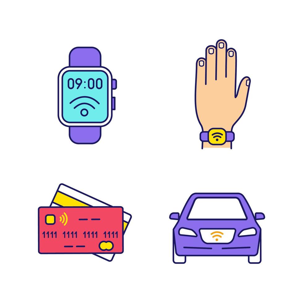 Farbsymbole für NFC-Technologie festgelegt. Near Field Smartwatch, Armband, Kreditkarten, Auto. isolierte Vektorgrafiken vektor