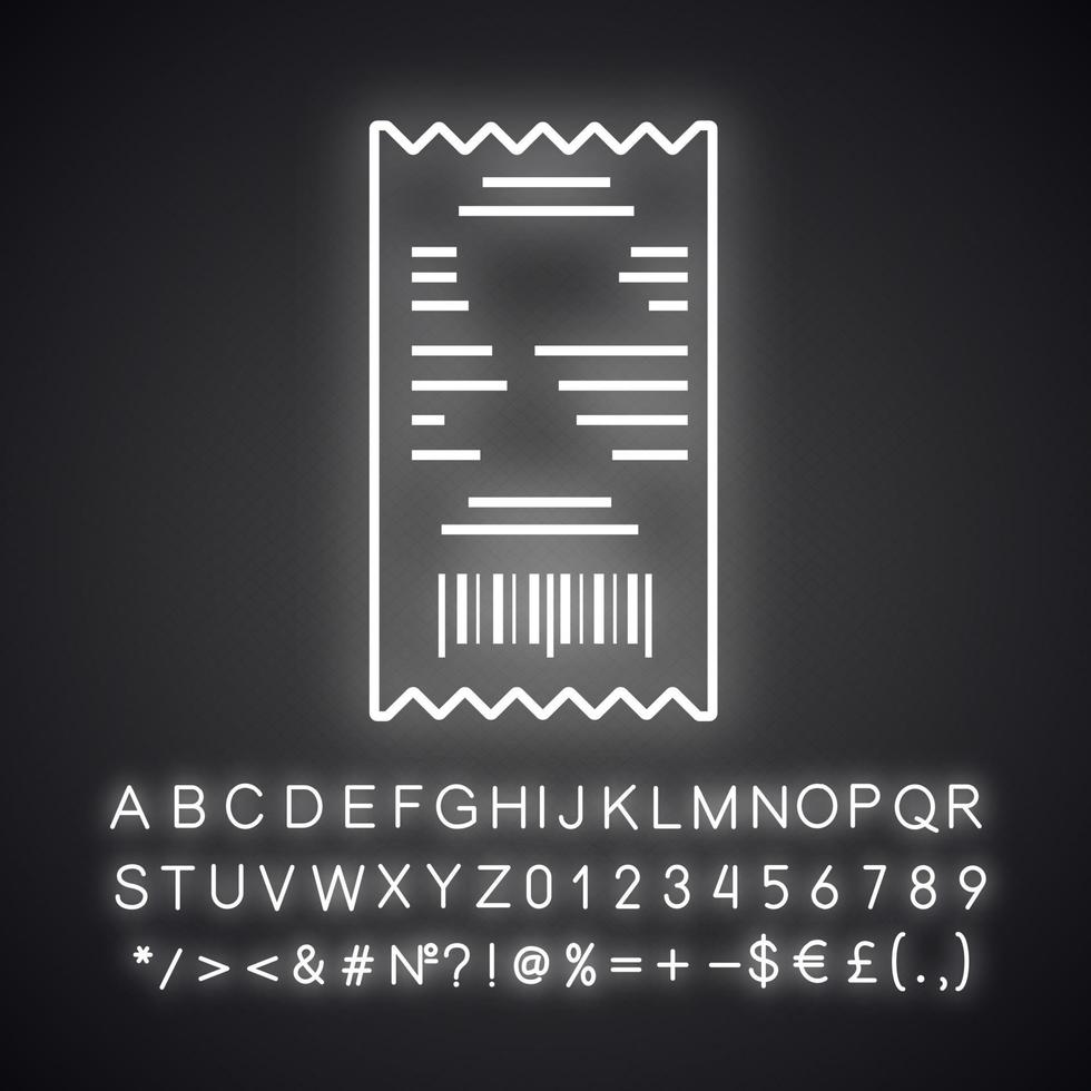 Symbol für Neonlicht für den Kassenbon. Papierscheck. Rechnung. leuchtendes zeichen mit alphabet, zahlen und symbolen. vektor isolierte illustration