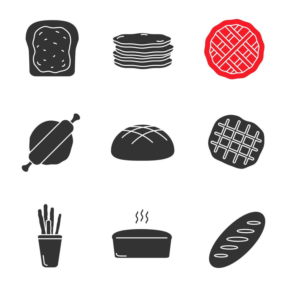 Bäckerei-Glyphen-Symbole gesetzt. Toast, Pfannkuchen, Kuchen, Nudelholz, Roggenbrot, belgische Waffeln, Grissini, Ziegelbrot. Silhouettensymbole. vektor isolierte illustration