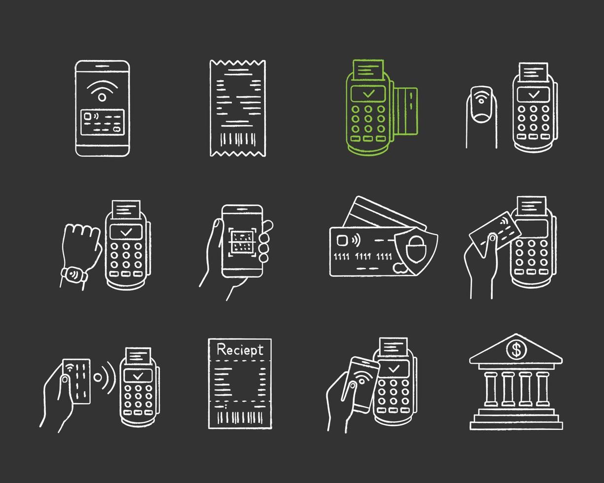 nfc-zahlungskreidesymbole gesetzt. elektronisches Geld. bargeldloses und kontaktloses Bezahlen. digitaler Kauf. Online-Banking. Nahfeldkommunikationstechnologie. isolierte vektortafelillustrationen vektor