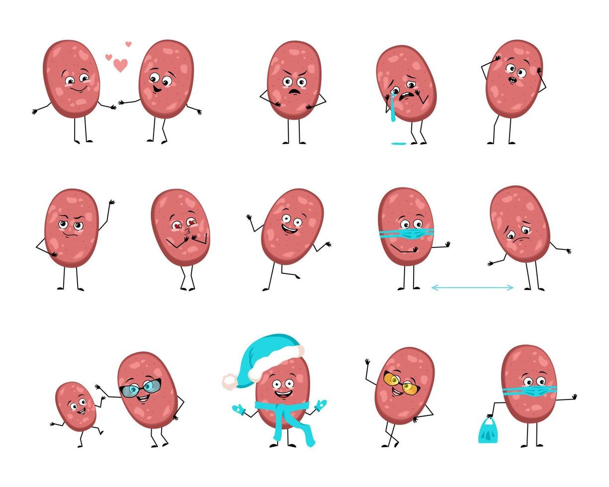 söt korvkaraktär med glada eller ledsna känslor, panik, kärleksfullt eller modigt ansikte, händer och ben. rolig måltid eller kött mellanmål person med mask, glasögon eller hatt. platt vektor illustration