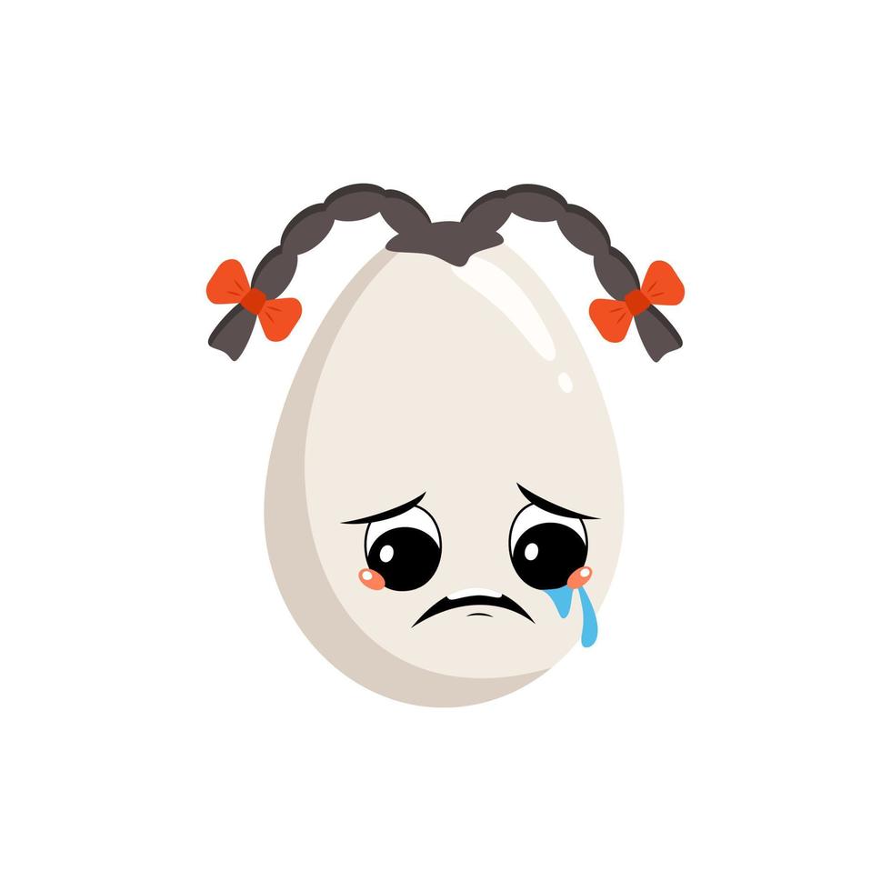 söt flicka ägg karaktär med ledsna känslor, deprimerad ansikte, ner ögonen och flätor. festlig dekoration till påsk. en busig kulinarisk hjälte. platt vektor illustration
