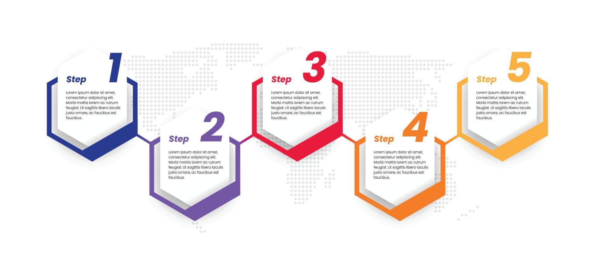 Sechseckige Infografik-Vorlage mit fünf Schritten auf Weltkartenhintergrund, Vektorillustration vektor