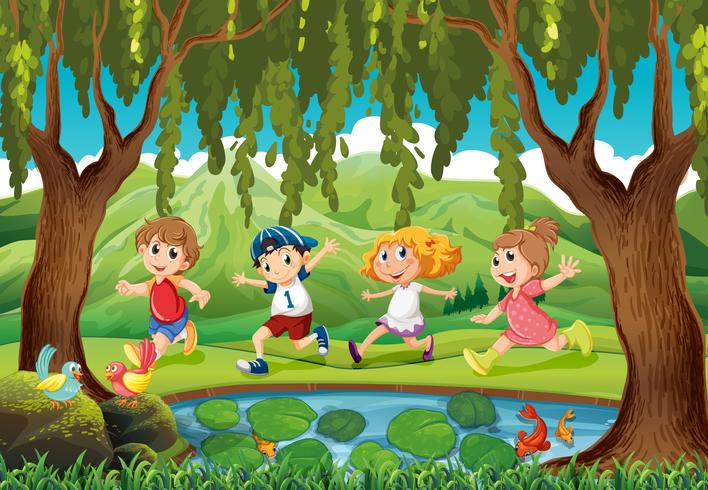 Vier Kinder laufen in den Park vektor