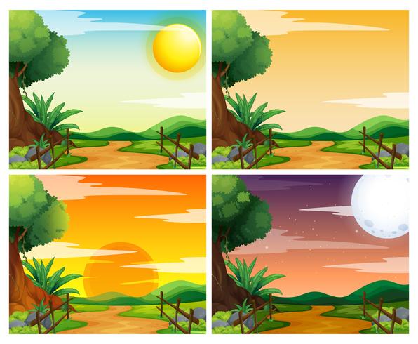 Vier Szenen des Sonnenuntergangs in der Landschaft vektor