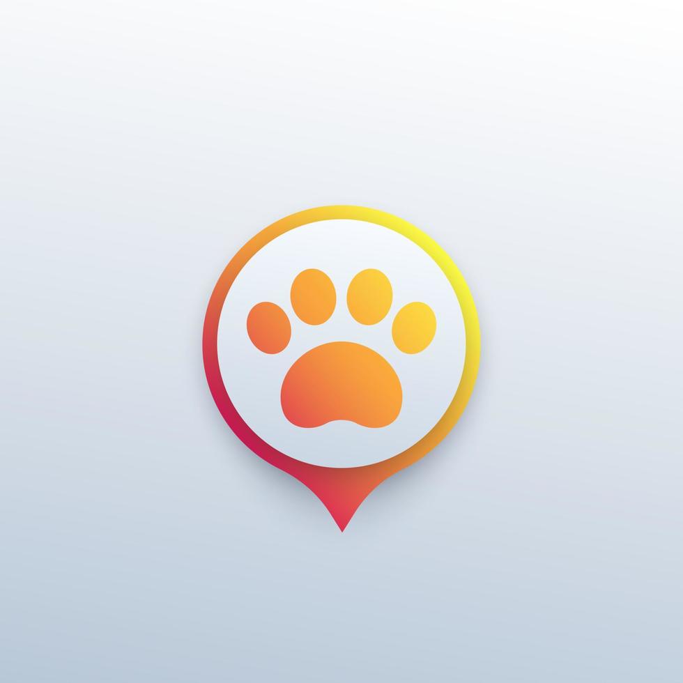 Pfote und Standortmarkierung, Haustier-App-Vektorsymbol vektor