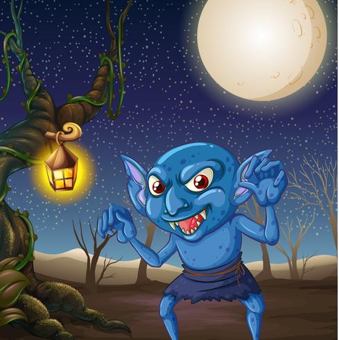 Skrämmande goblin på nattscenen vektor