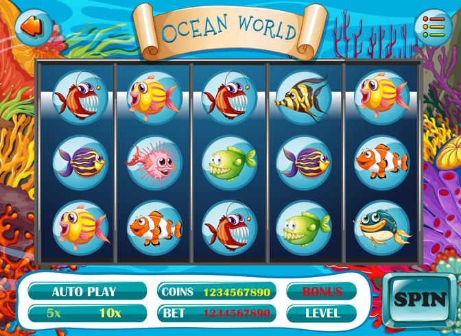 Slot-Spielvorlage mit Fischcharakteren vektor