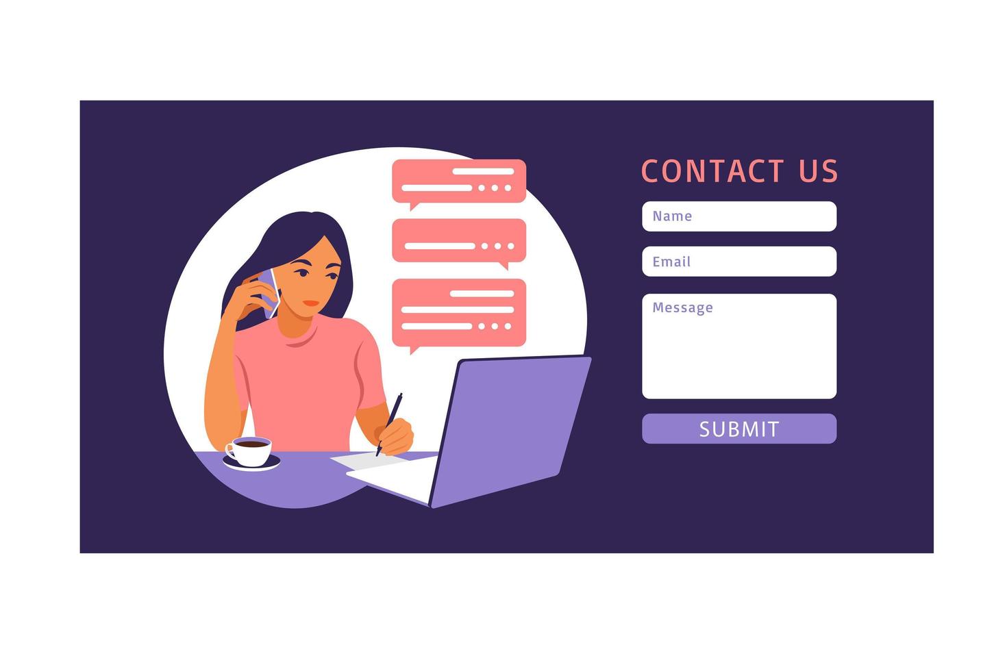 kontakta oss formulärmall för webb och landningssida. kvinnlig kund pratar med klient. kundsupport online, helpdesk-koncept och callcenter. vektor illustration i platt.