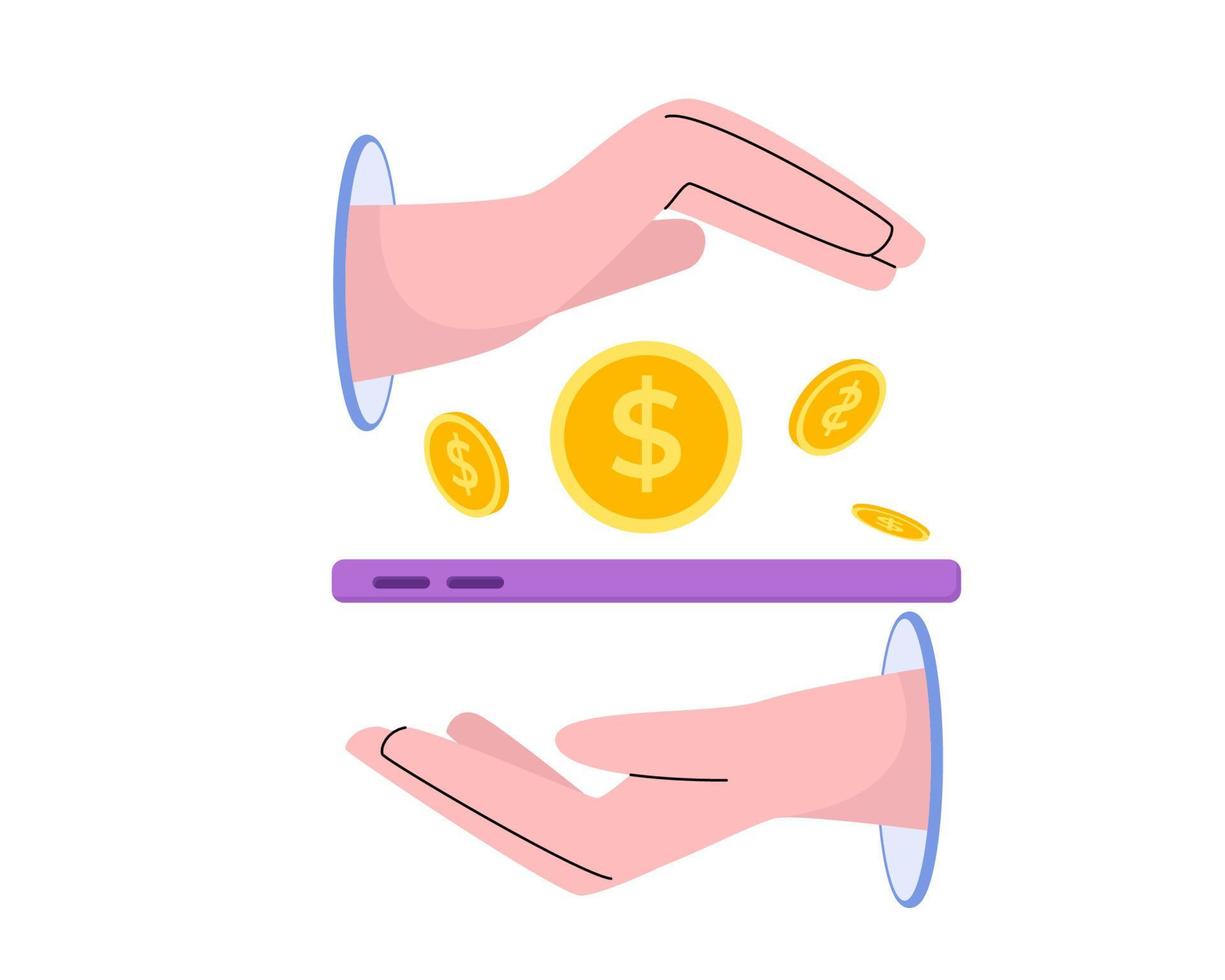 dollar und handy in der hand der menschen für digitales geld vektor