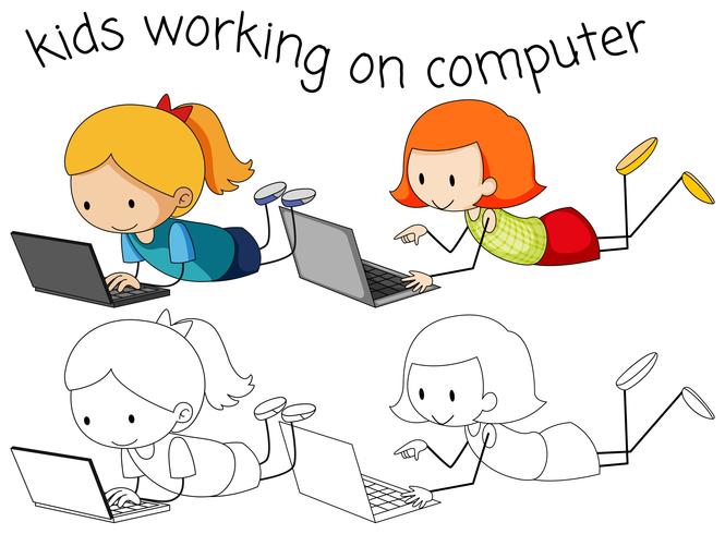 Flickor använder dator på vit bakgrund vektor