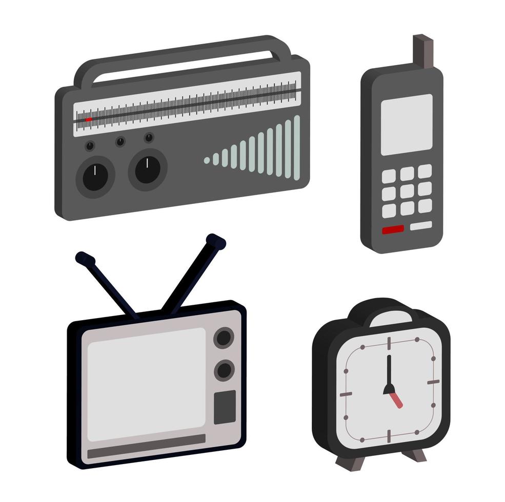 Bündel 3D-Vektorsymbol alte Technologie Fernseher, Handy, Radio und analoge Uhr. am besten für Ihre Dekorationsimmobilienbilder vektor