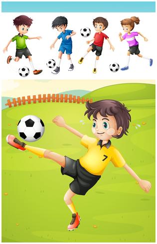 Barn spelar fotboll på gräsmattan vektor