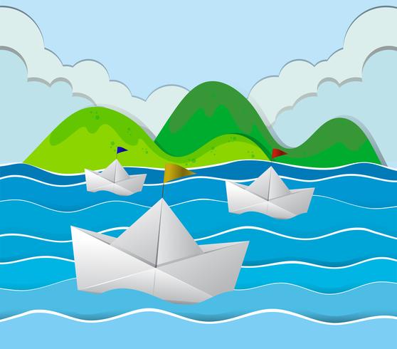 Tre pappersbåtar som flyter i havet vektor