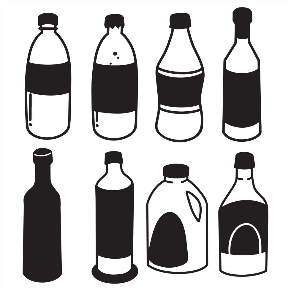 olika former av plastflaskor mineralvatten dryck siluett ikon. svart vit handritad vektorillustration vektor