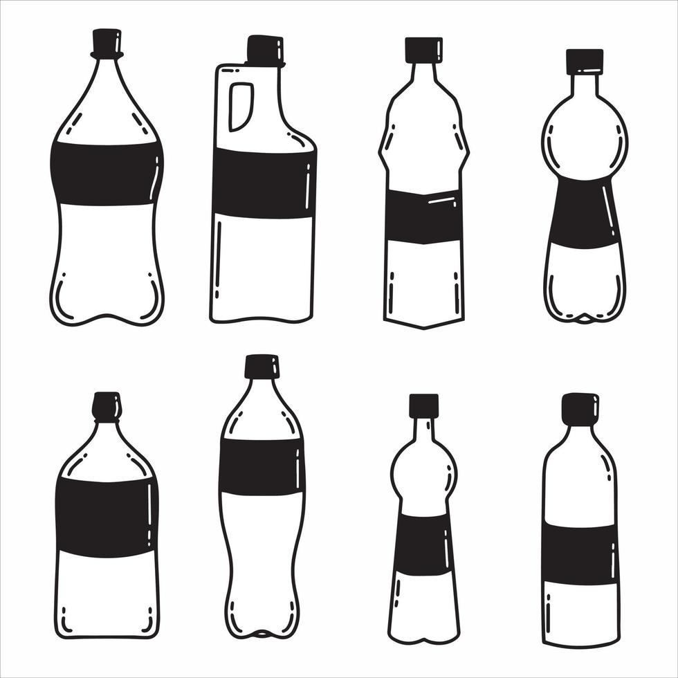 uppsättning av plastflaska ikon, mineralvatten dryck flaska, kontur, siluett, färg vatten paket symboler. handritad svart vit vektorillustration vektor