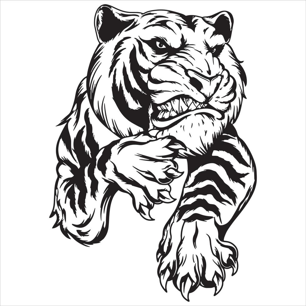 Tigersprung, Tigerkopfvektorzeichnung, Tigergesicht, Tigerkopf farbige Zeichnung, Tigerlogo und Maskottchen, Tigerzähne, schwarz-weiße Vektorillustration vektor