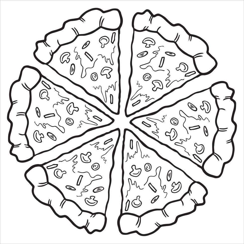 Stück Pizza Clipart Vektor Illustration, Pizza italienisches Essen, schwarz-weiß handgezeichnete Pizza