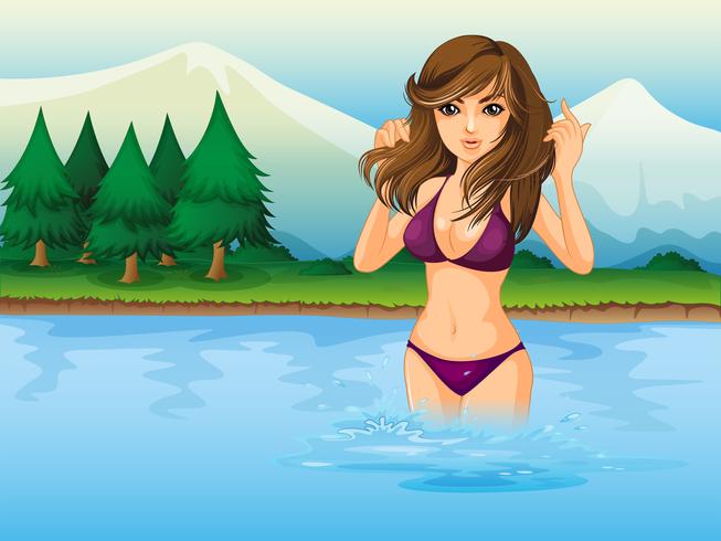 Ein Strand mit einem Mädchen, das einen lila Bikini trägt vektor