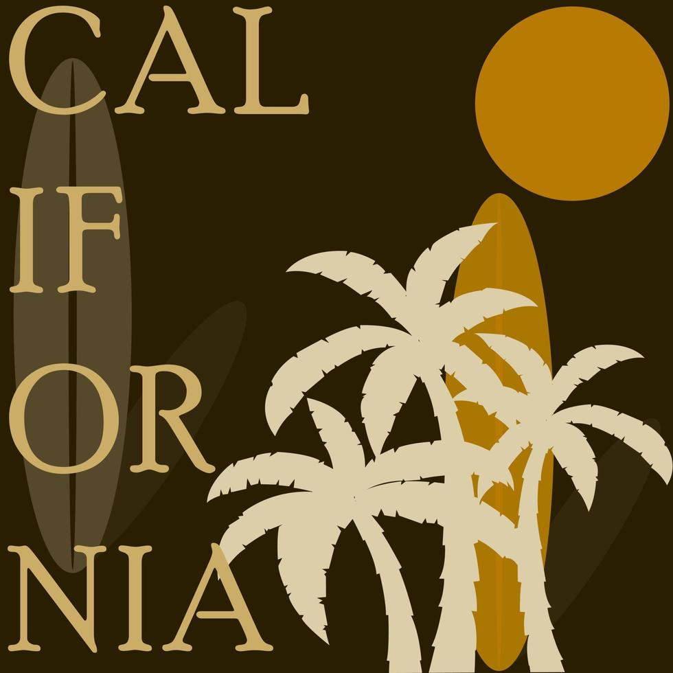 kalifornien-textillustration mit surfbrett- und palmenhintergrund vektor