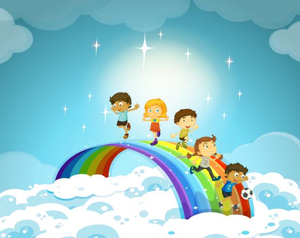 Kinder stehen über dem Regenbogen vektor