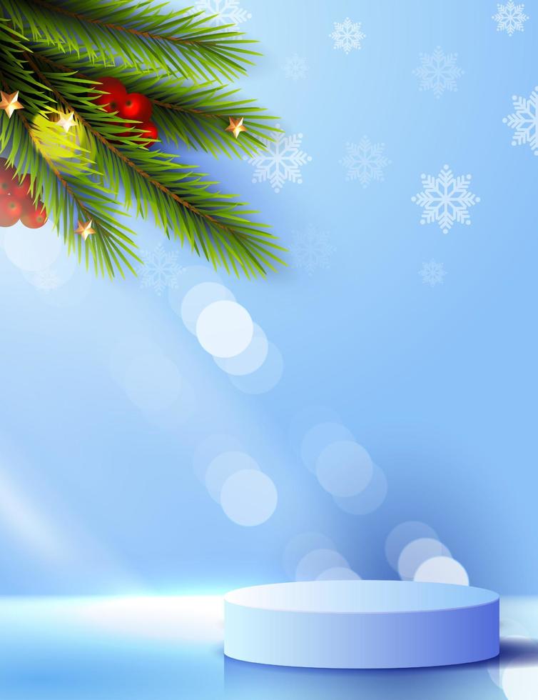 god jul är en geometrisk podiumform för att visa kosmetiska produkter. scenpiedestal eller plattform. vinter jul blå bakgrund med träd xmas för marknadsföring produkt. vektor design