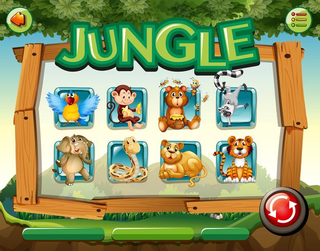 Spielvorlage mit wilden Tieren im Dschungel vektor