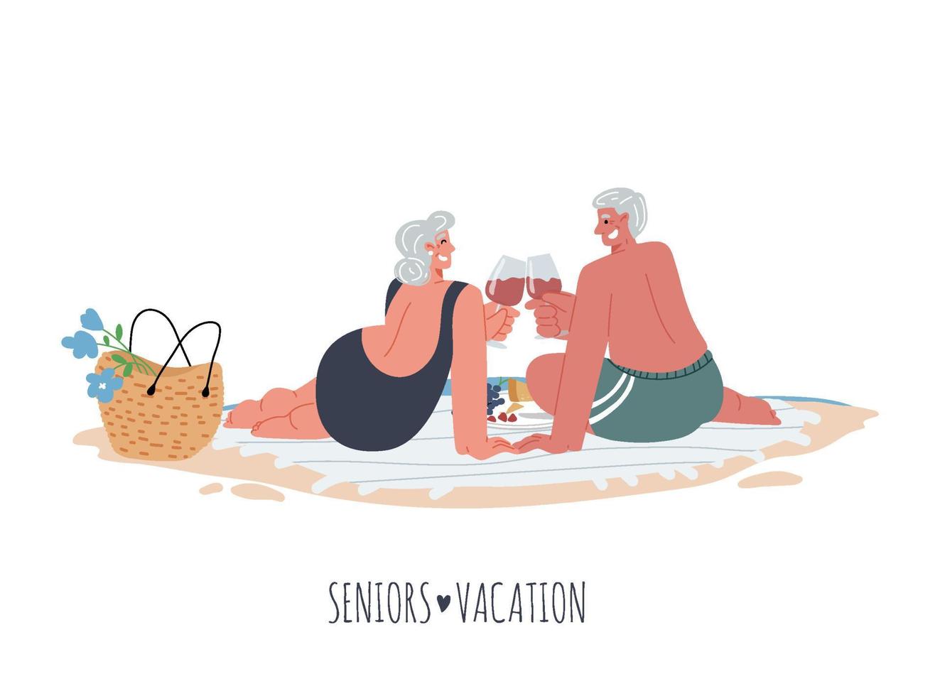 äldre kvinna och man gör en picknick vid havet på stranden filten dricker wine.vector platt illustration. vektor