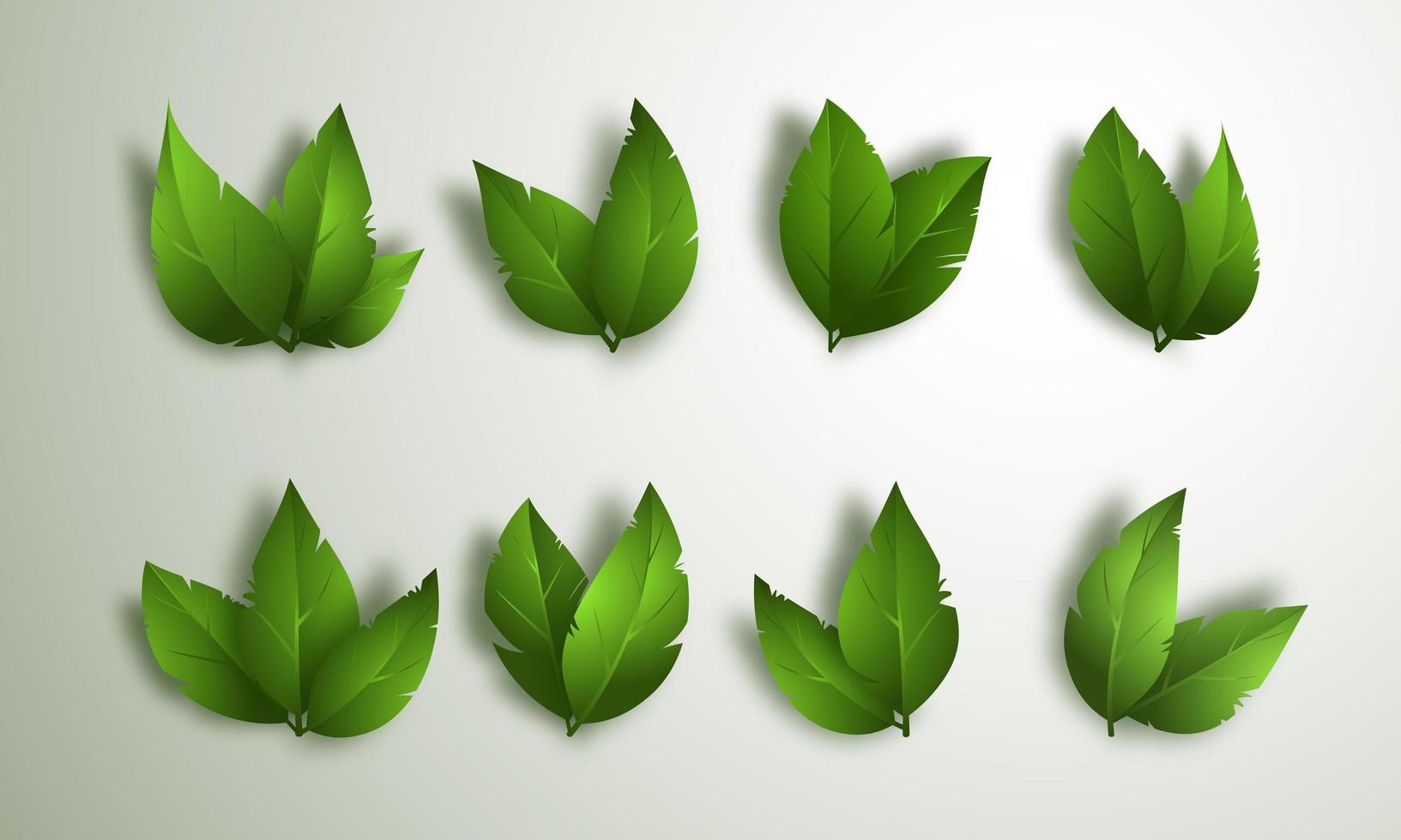 uppsättning gröna blad isolerad på vit bakgrund. 3D-element för våren, sommar design. vektor illustration