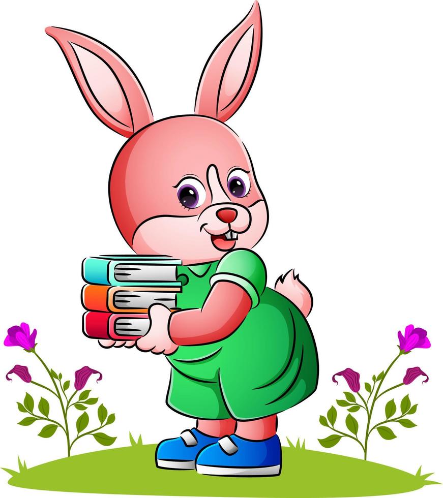 Der hübsche Hase hält viele Bücher mit der Hand vektor