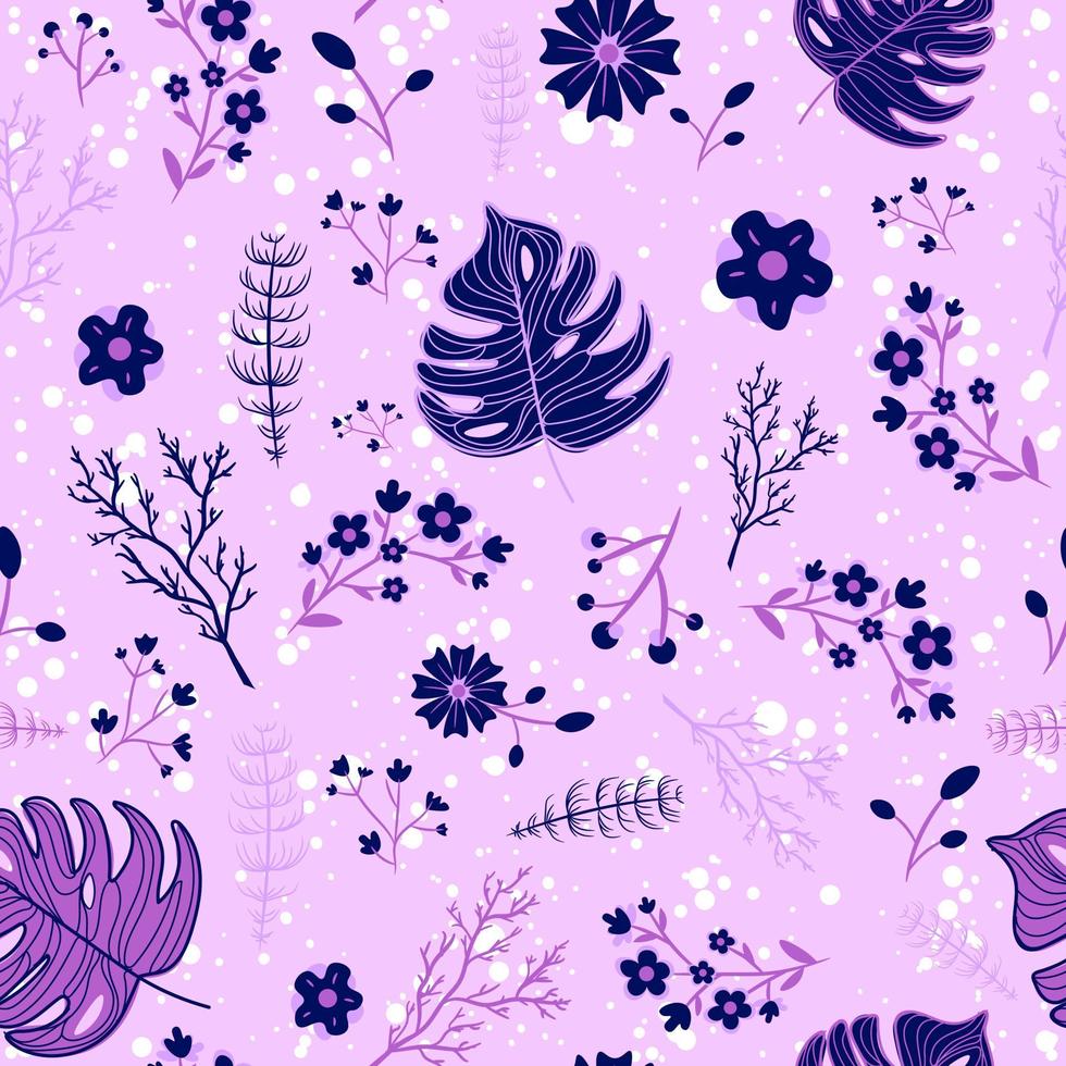 violettes und lila nahtloses Muster mit Frühlingsblumen und Sommerblättern. Blumenhintergrund mit Blumensträußen und Winterschneeflocken wiederholen. vektor