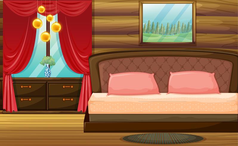 Zimmer mit Holzbett und rotem Vorhang vektor