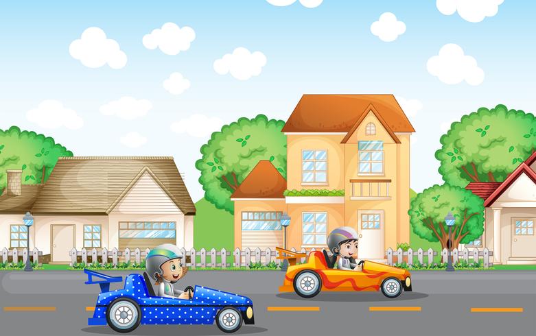 Zwei Kinder beim Rennwagenfahren in der Nachbarschaft vektor