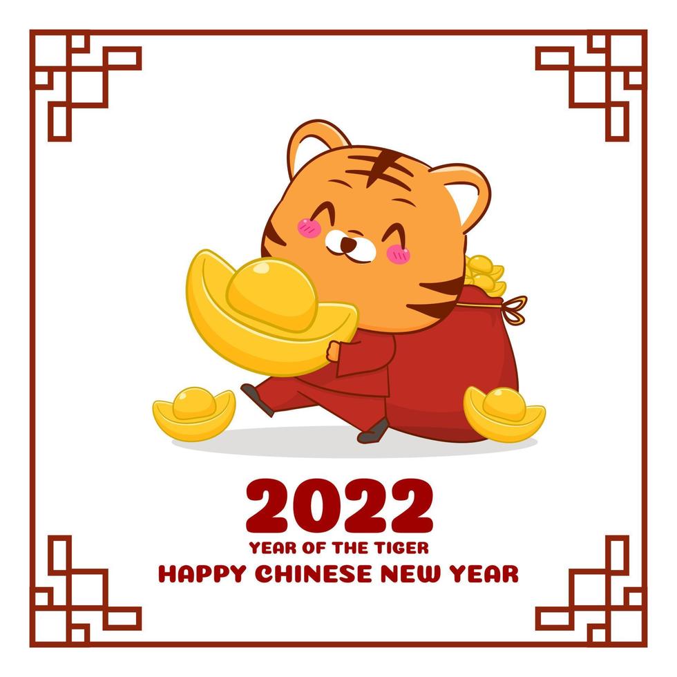 söt tiger seriefigur kinesiskt nyår gratulationskort 2022 år av tiger zodiac vektor